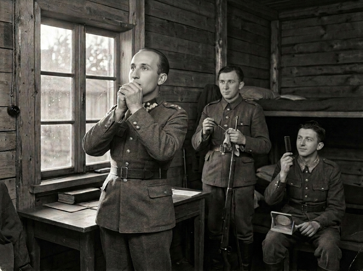 Captain Herschel Skolnik demonstrating the grass-blade whistle in the Warsaw barracks, August 1939