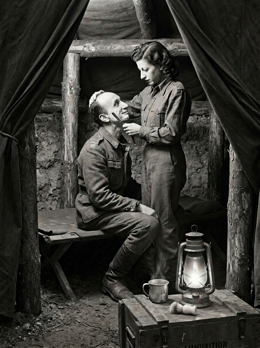 Ida shaving Herschel by lantern light inside the partisan tent in Kampinos Forest, January 1942