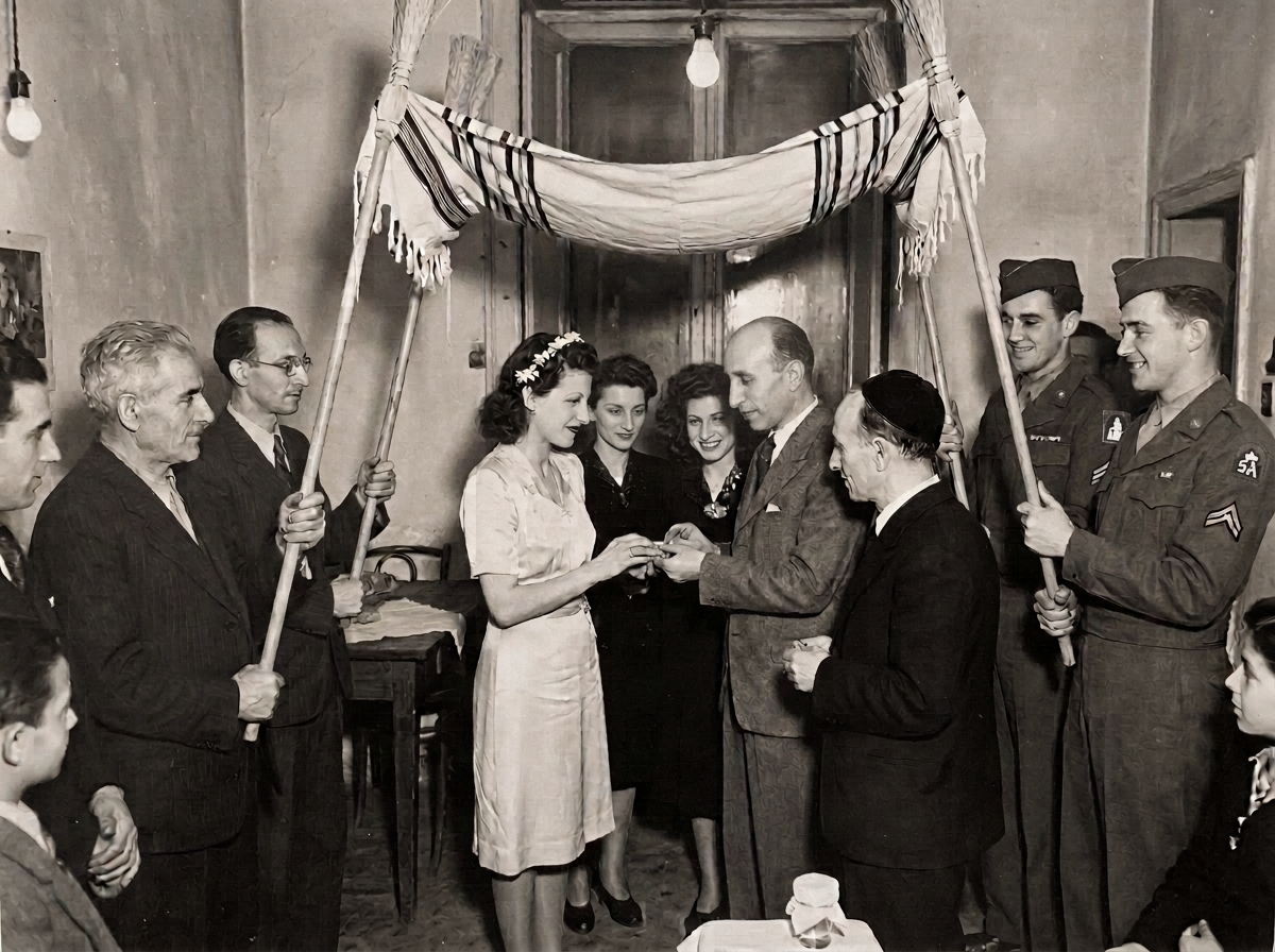 Herschel and Ida's wedding under a broom-handle chuppah in liberated Naples, February 1944